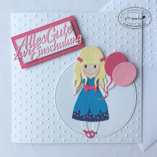 Einschulungskarte mit Mädchen und Luftballons