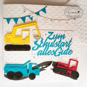 Einschulungskarte mit Baufahrzeugen und Bagger