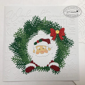 Weihnachtskarte mit Weihnachtsmann und Tannenkranz