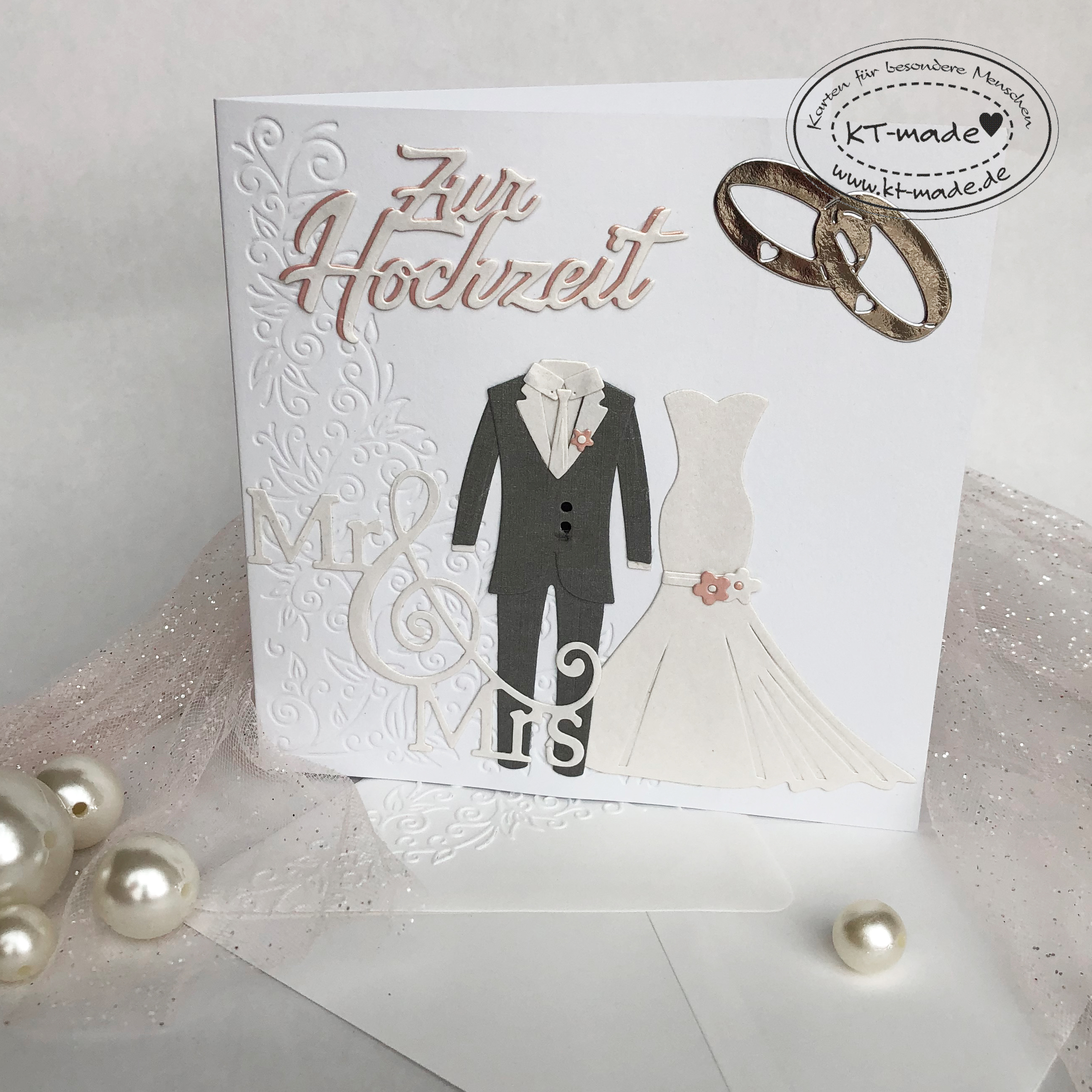 Hochzeitskarte mit Brautkleid und Anzug